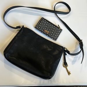 Fossil Women's Fiona Small Crossbody Purse Black Handbag Wristlet Leather Set